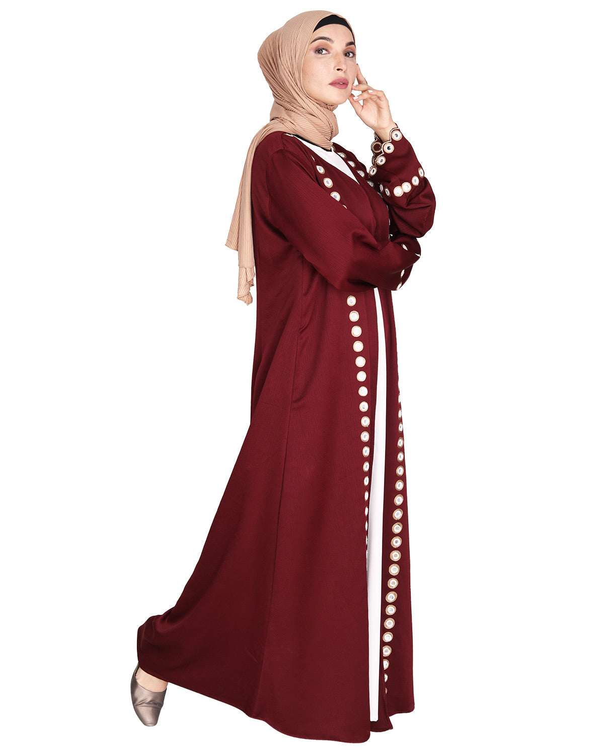 Jacket Style Abaya with Exquisite Mirror Work Wine
