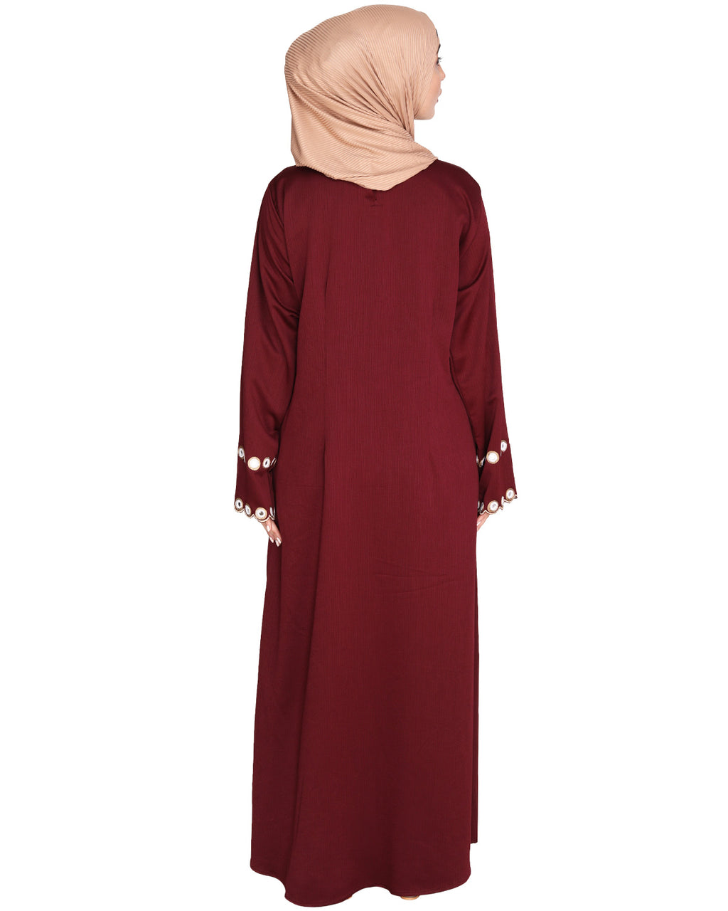 Jacket Style Abaya with Exquisite Mirror Work Wine
