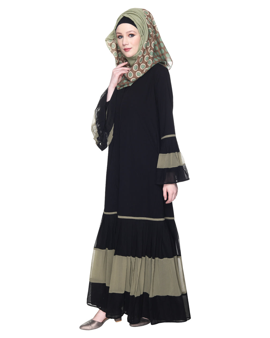 Bell Style Pleated Georgette Abaya Dead Mint Black