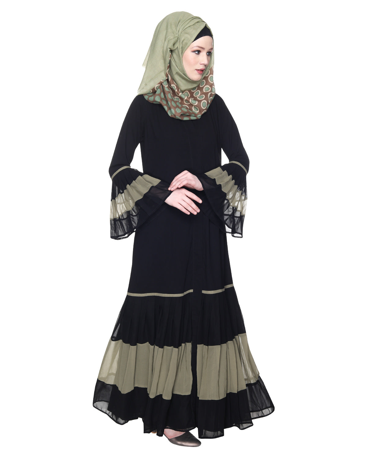 Bell Style Pleated Georgette Abaya Dead Mint Black