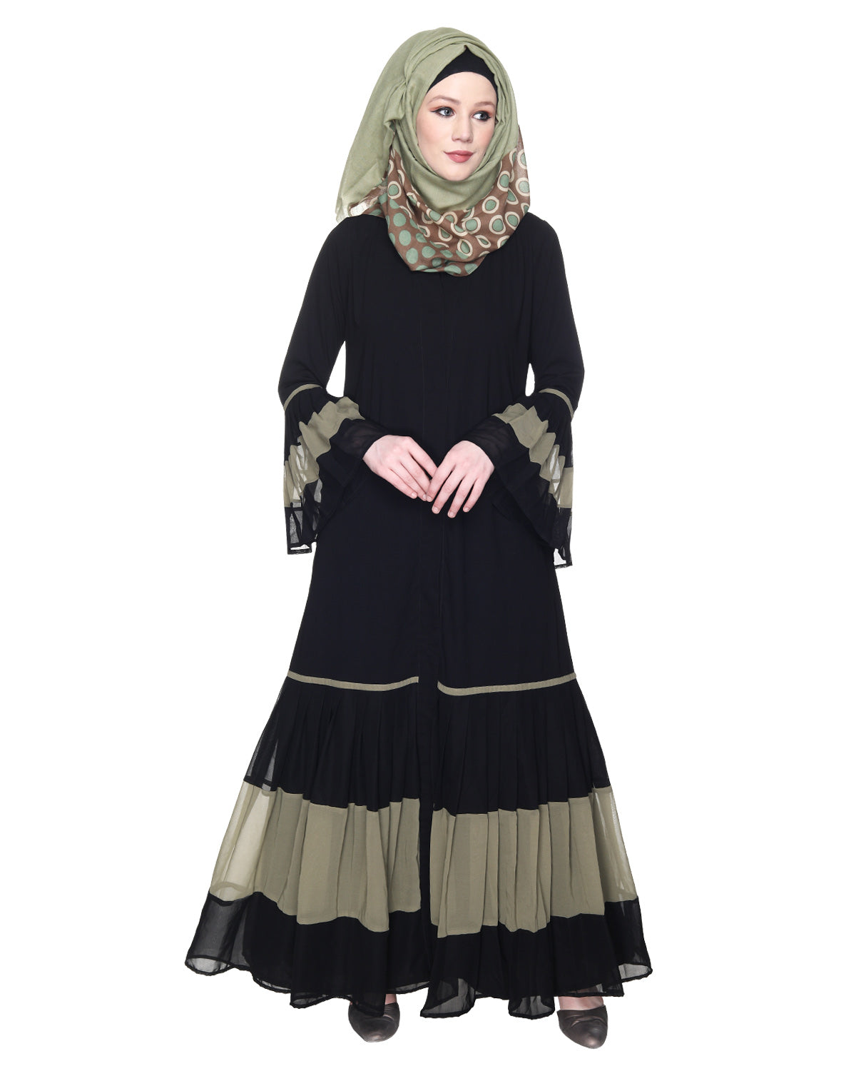 Bell Style Pleated Georgette Abaya Dead Mint Black