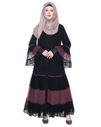 Bell Style Pleated Georgette Abaya Imperial Purple & Black