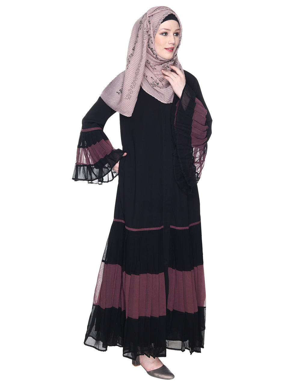 Bell Style Pleated Georgette Abaya Imperial Purple & Black