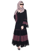 Bell Style Pleated Georgette Abaya Imperial Purple & Black