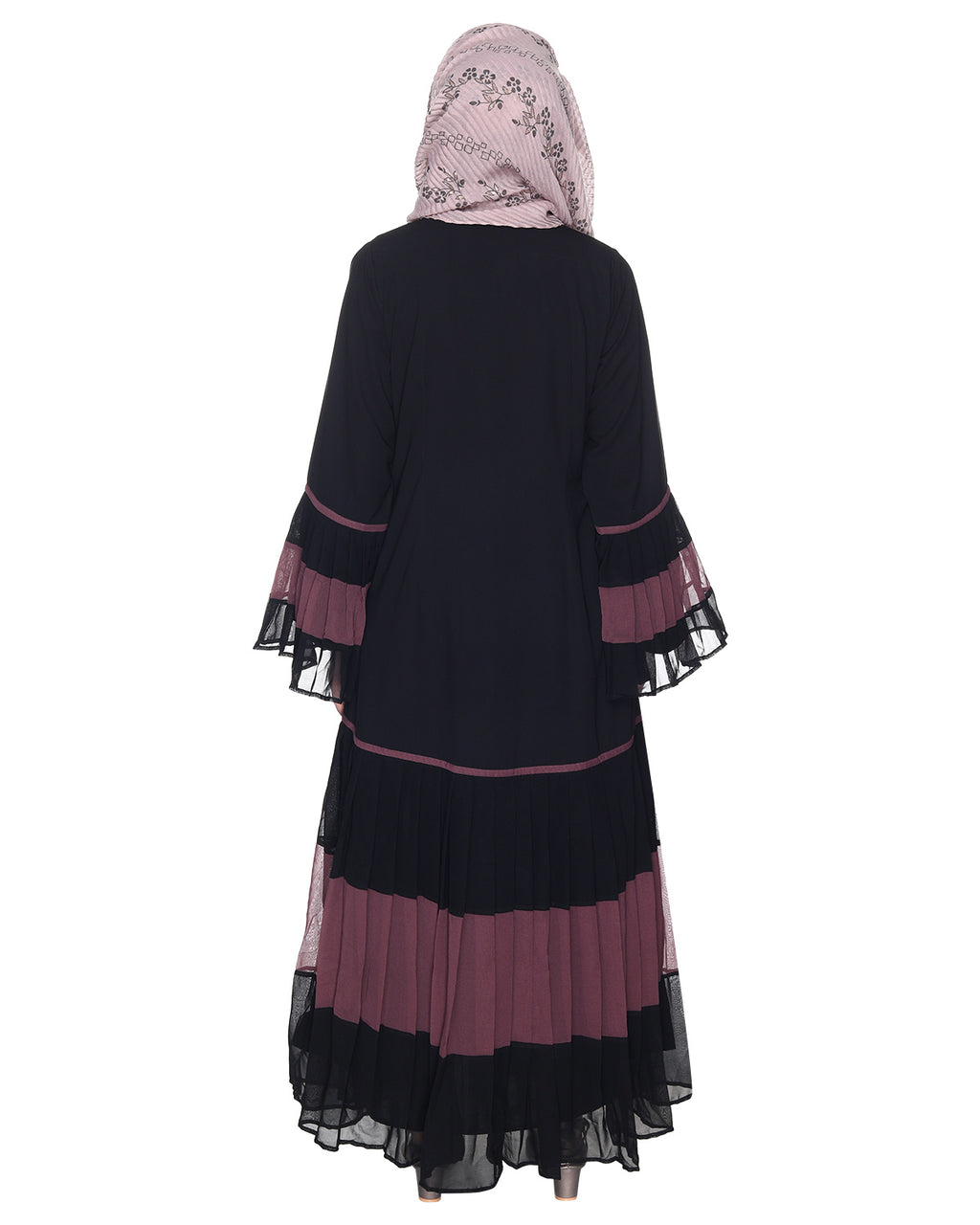 Bell Style Pleated Georgette Abaya Imperial Purple & Black