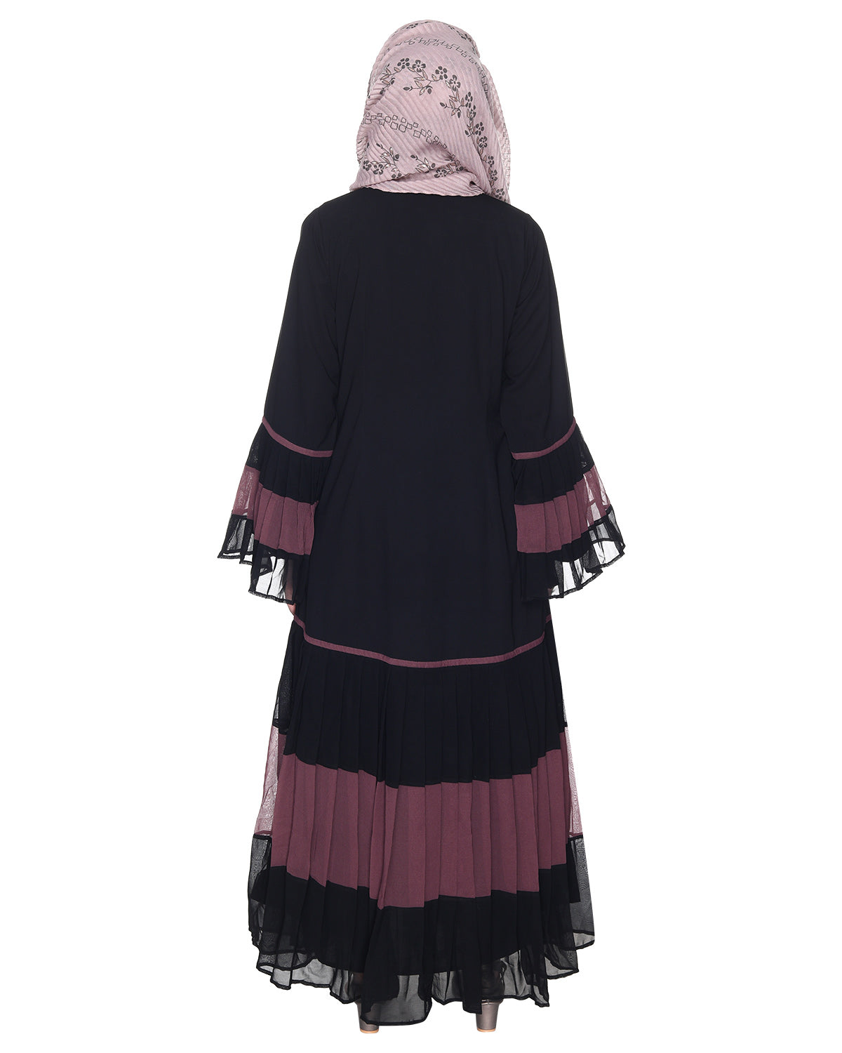 Bell Style Pleated Georgette Abaya Imperial Purple & Black