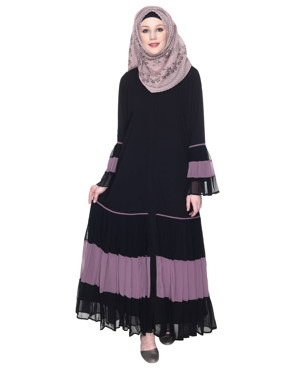 Bell Style Pleated Georgette Abaya Light Purple Black