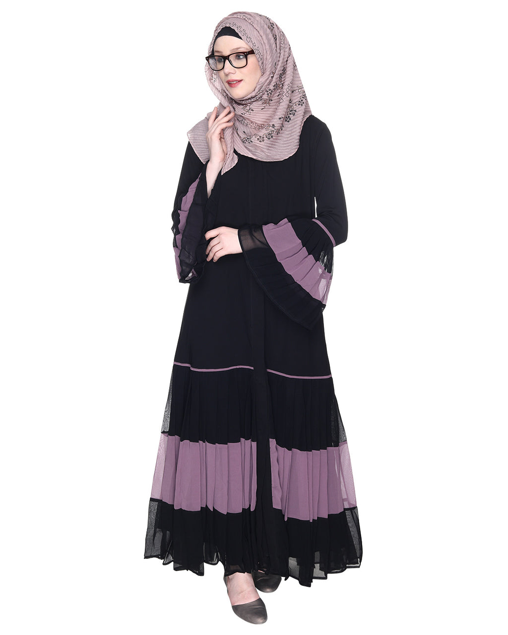 Bell Style Pleated Georgette Abaya Light Purple Black