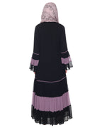 Bell Style Pleated Georgette Abaya Light Purple Black