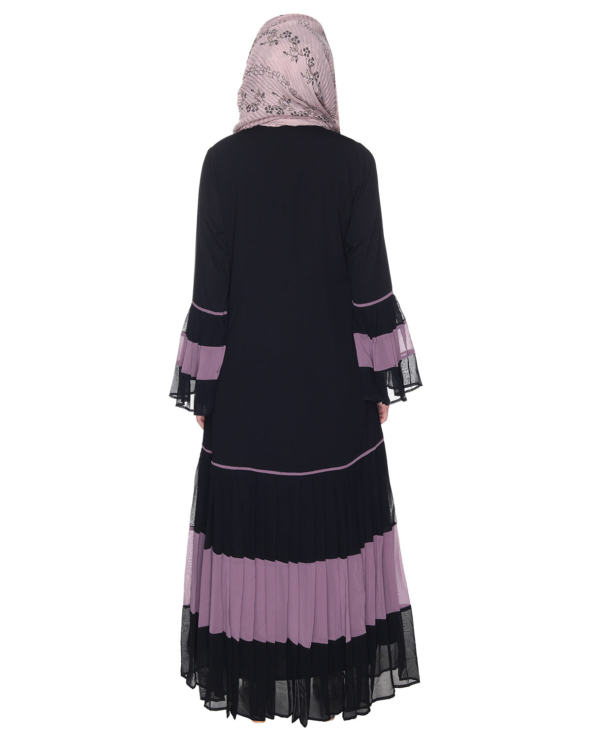 Bell Style Pleated Georgette Abaya Light Purple Black
