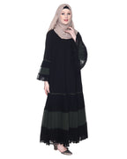 Bell Style Pleated Georgette Abaya Olive Black