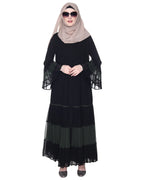 Bell Style Pleated Georgette Abaya Olive Black