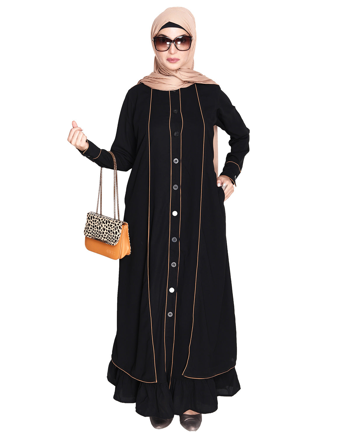 Two Panel Abaya with Beige Piping Design Black