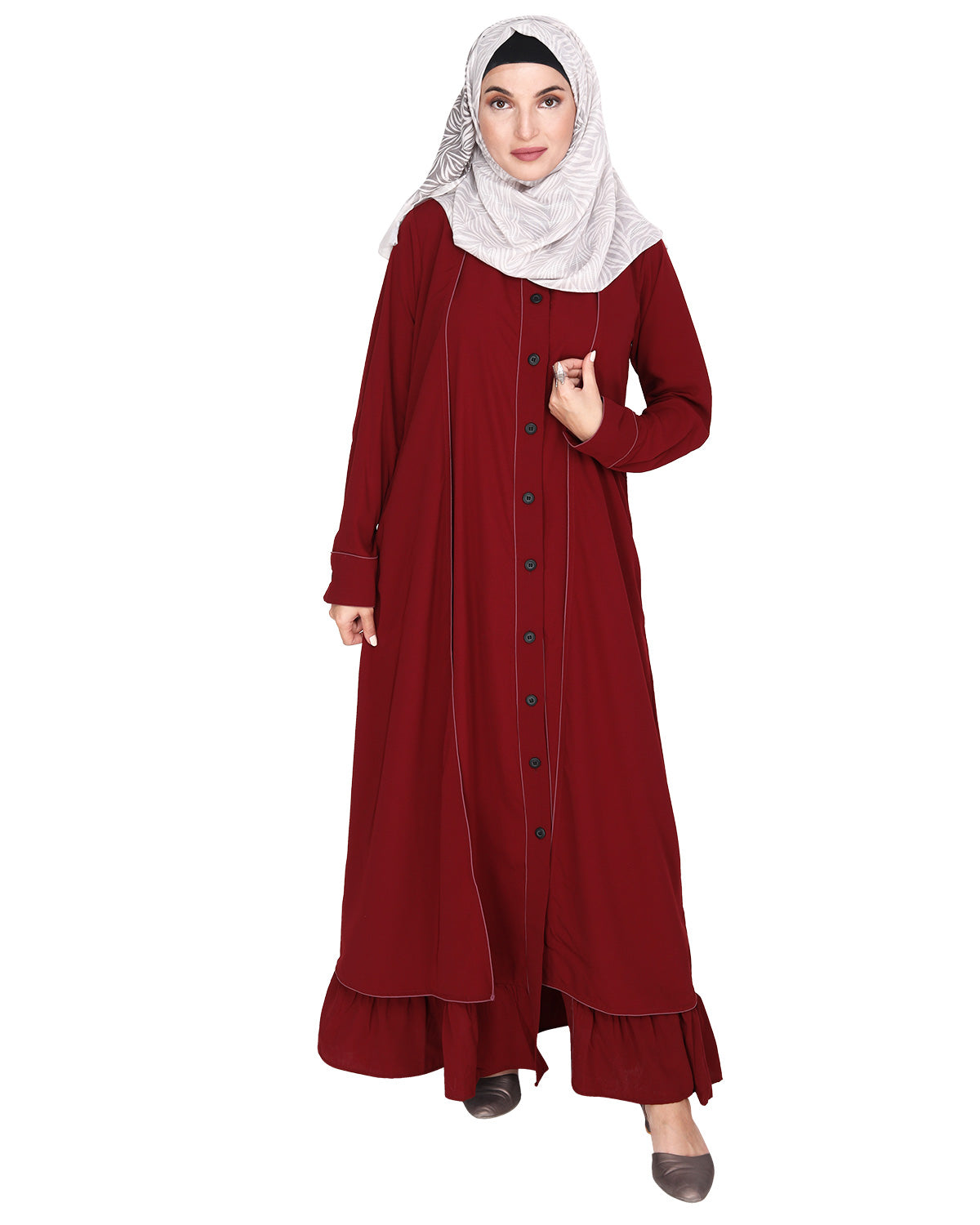 Two Panel Abaya with Beige Piping Design Black