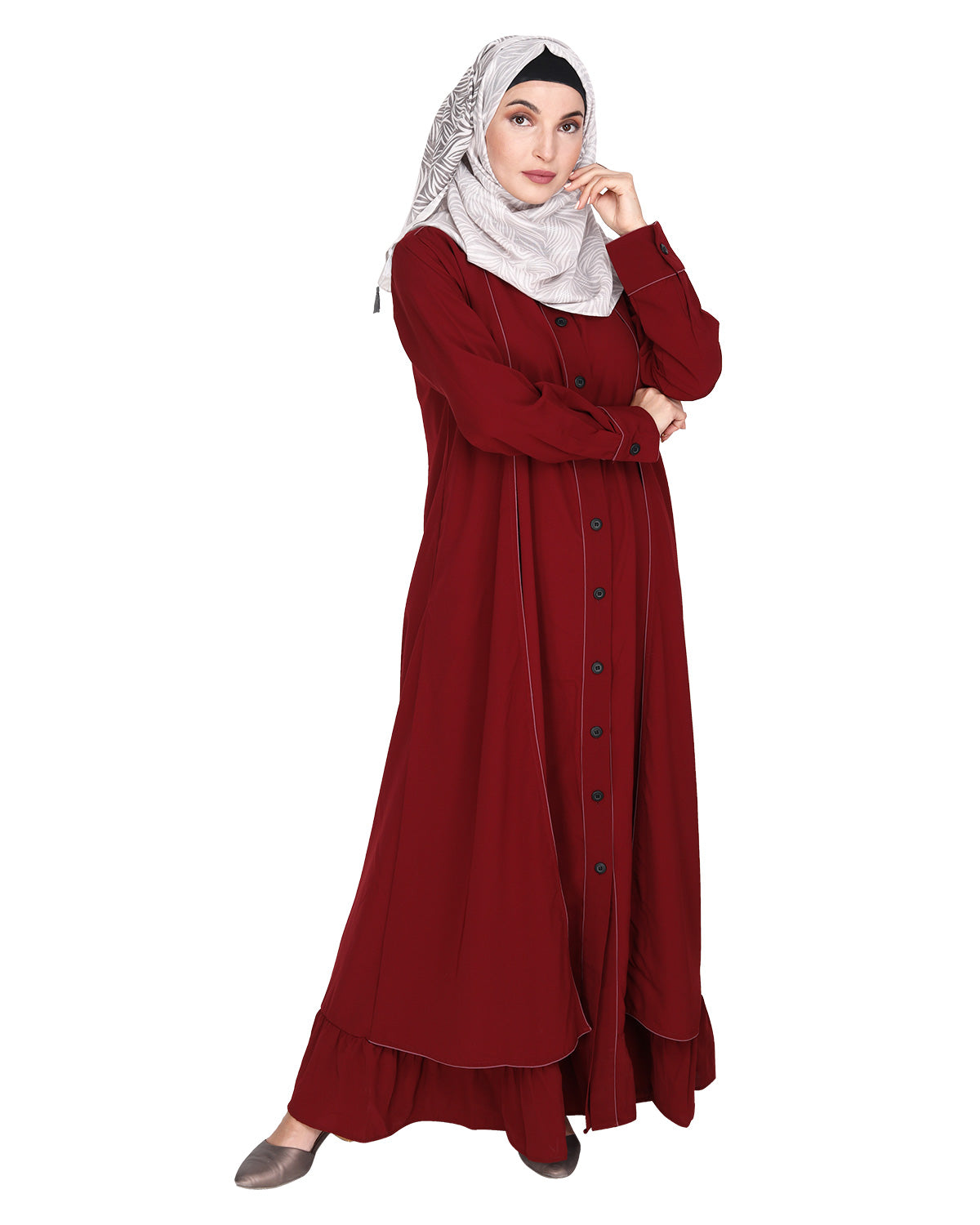Two Panel Abaya with Beige Piping Design Black