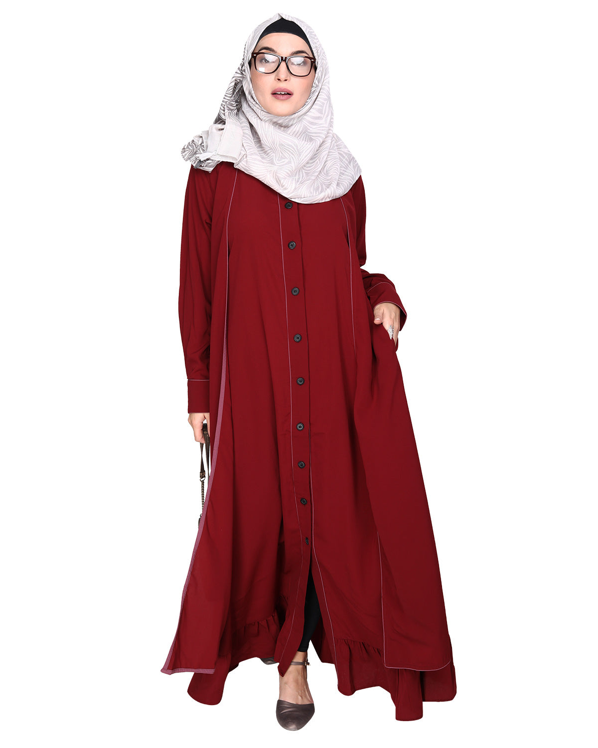 Two Panel Abaya with Beige Piping Design Maroon