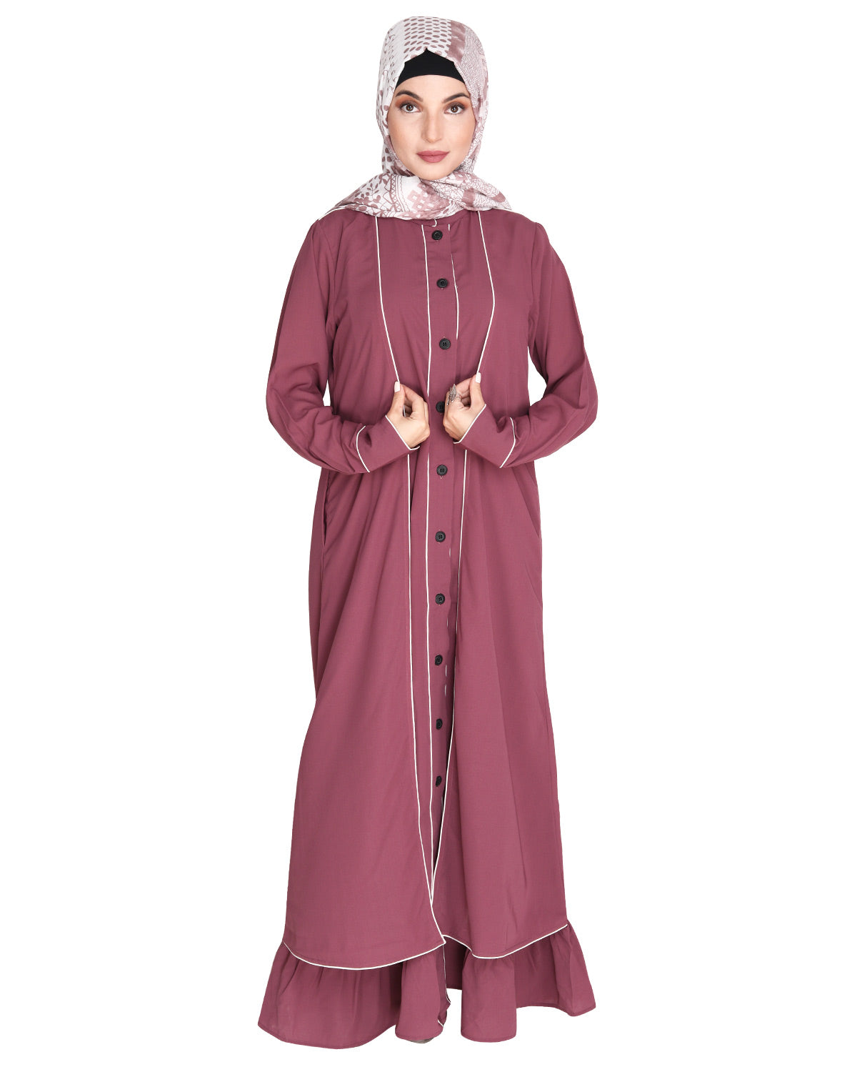 Two Panel Abaya with Beige Piping Design Maroon