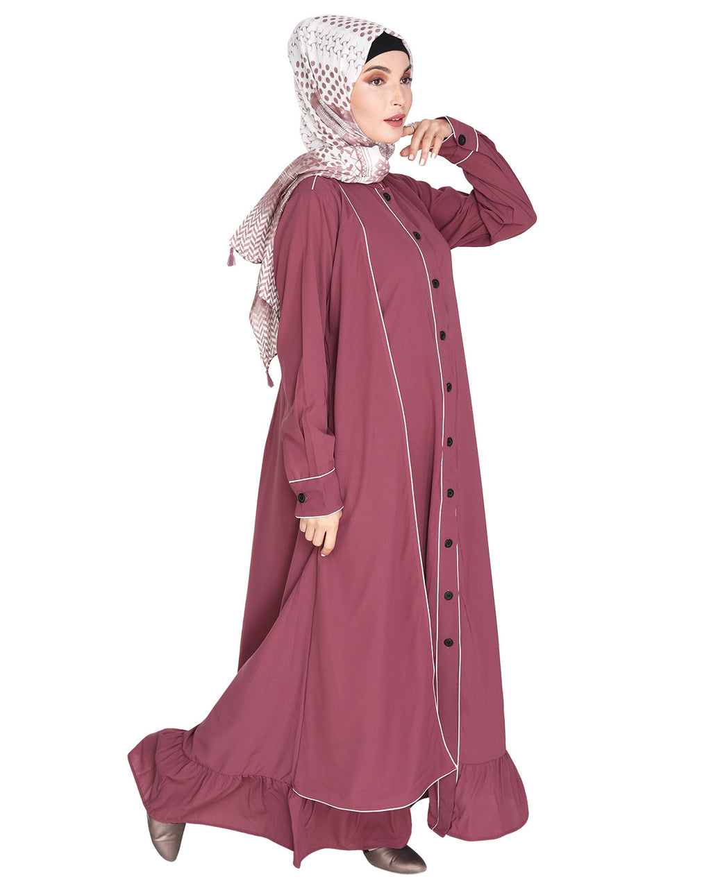 Two Panel Abaya with Beige Piping Design Onion Pink