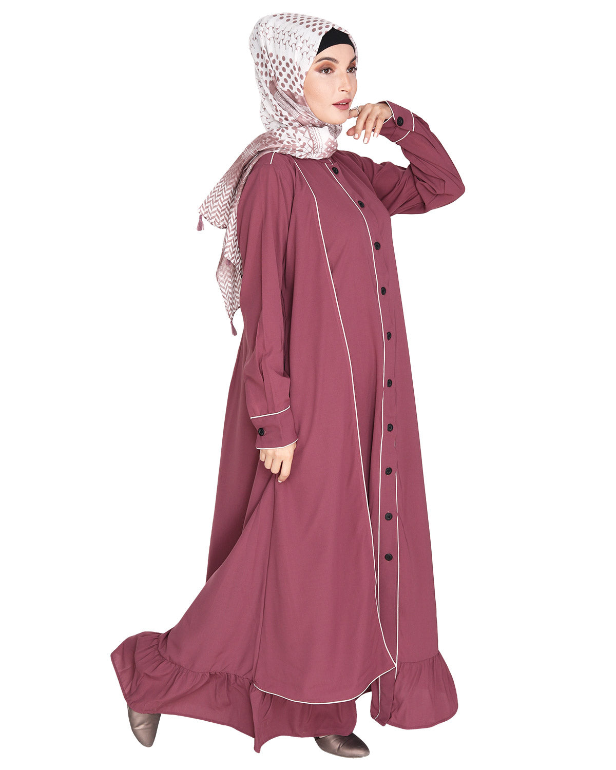 Two Panel Abaya with Beige Piping Design Onion Pink