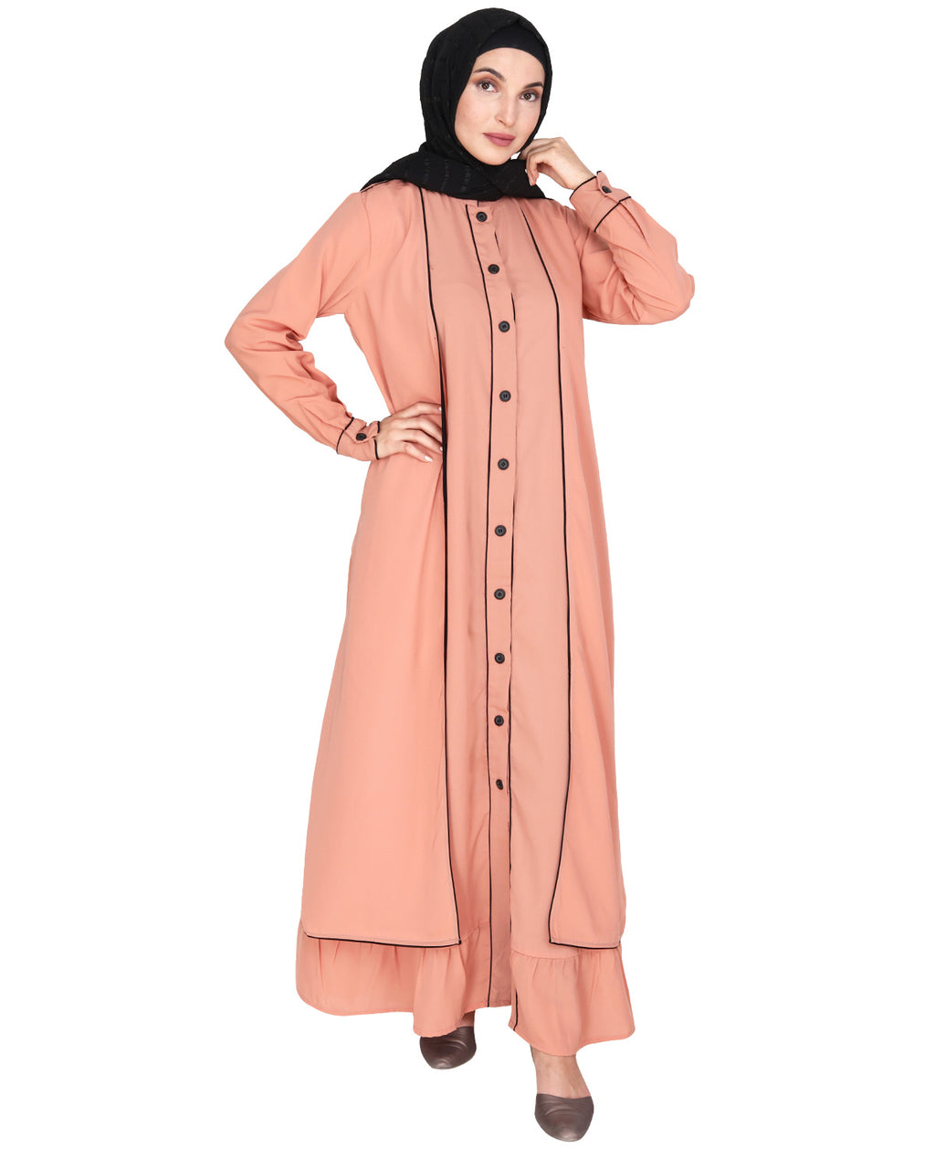 Two Panel Abaya with Beige Piping Design Onion Pink