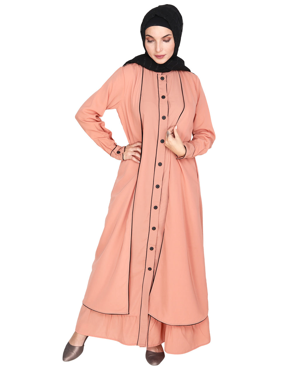 Two Panel Abaya with Beige Piping Design Onion Pink