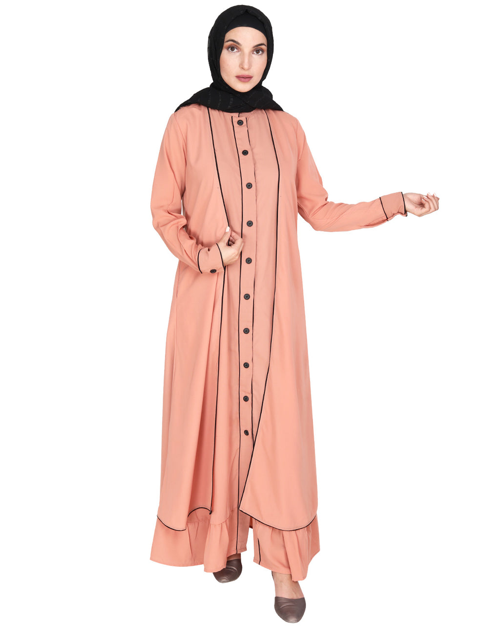 Two Panel Abaya with Beige Piping Design Onion Pink