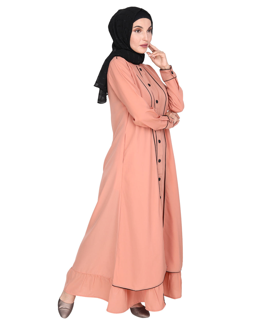 Two Panel Abaya with Beige Piping Design Orange