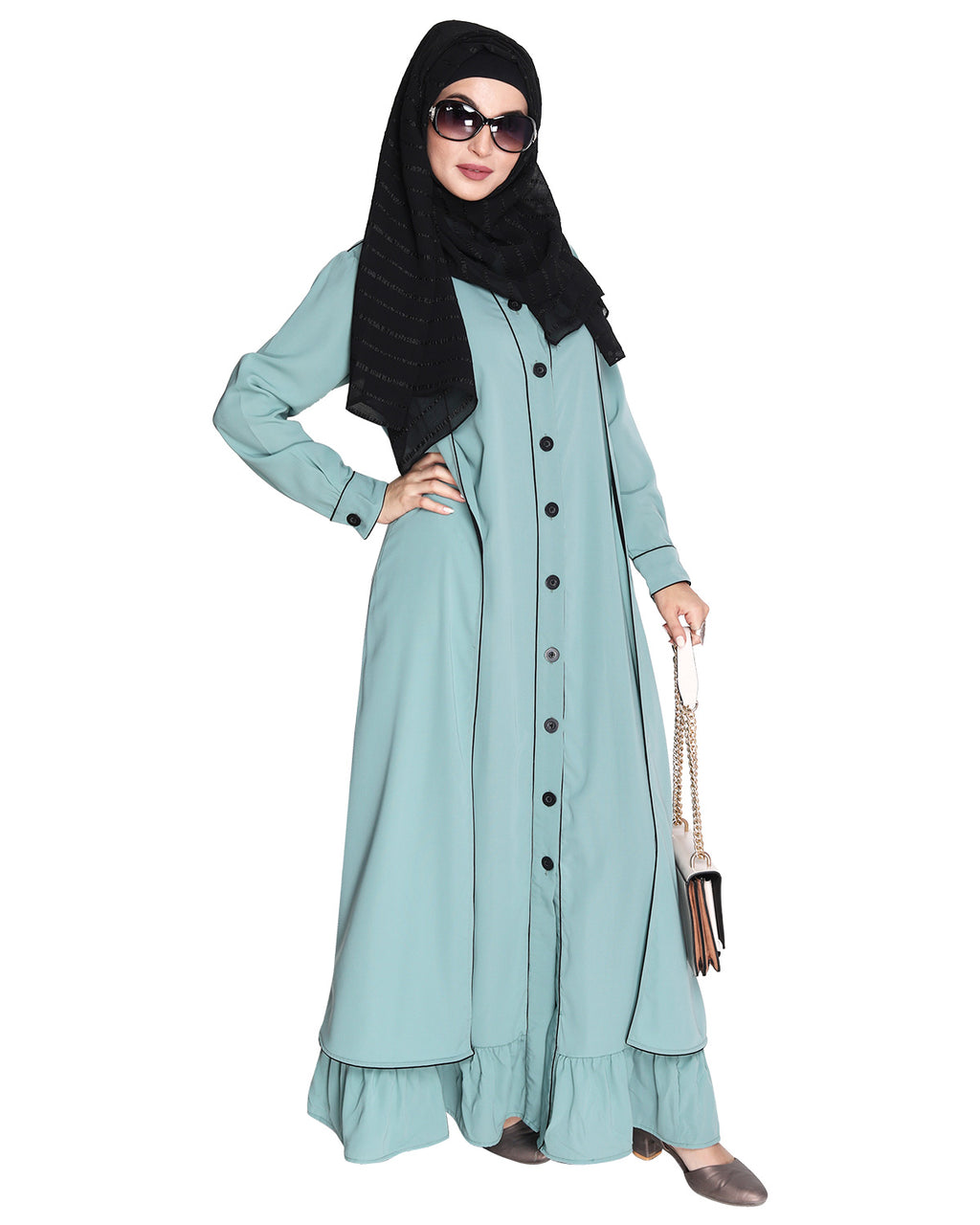 Two Panel Abaya with Beige Piping Design Orange