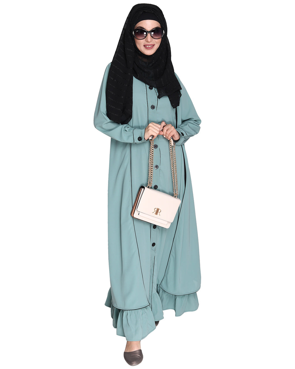 Two Panel Abaya with Beige Piping Design Orange