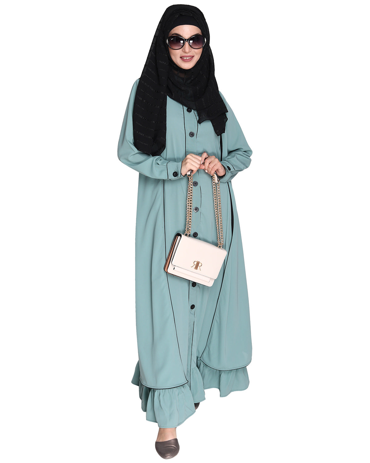 Two Panel Abaya with Beige Piping Design Orange
