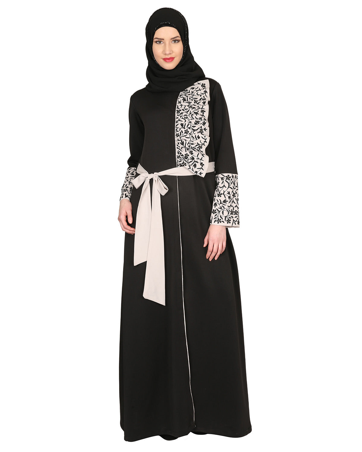 Black & Grey Thread Embroidered coat Abaya Black