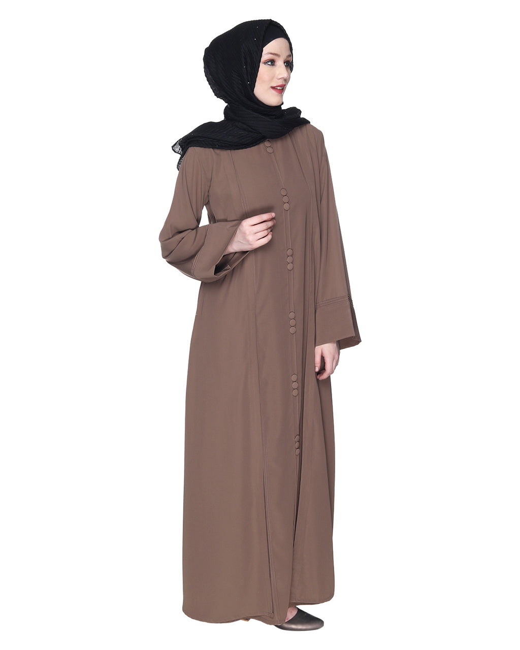 Besuited Oak Brown Double Panel Abaya With Pintucks