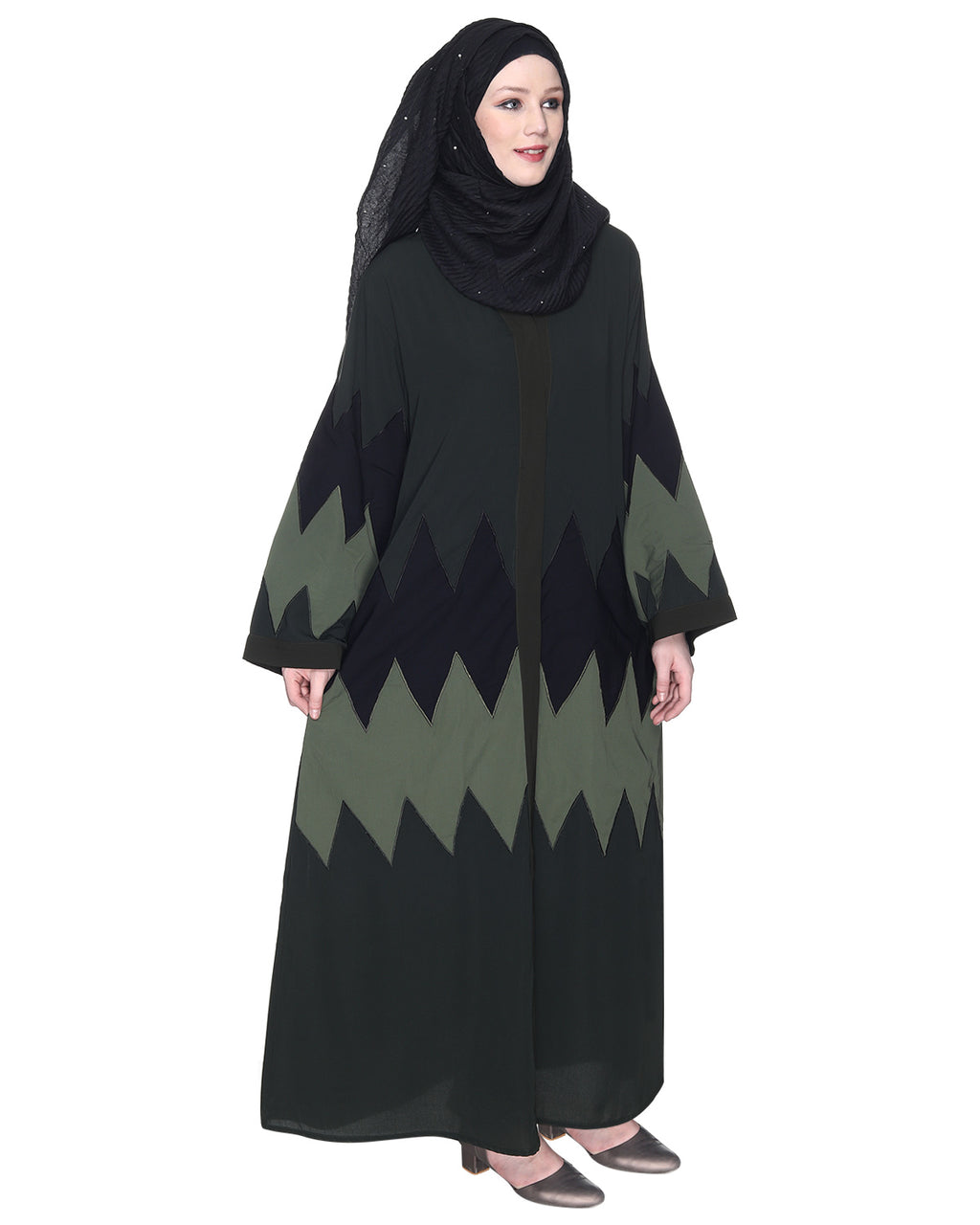 Zig Zag Style Olive Green Abaya With Shaded Embroidered Panels