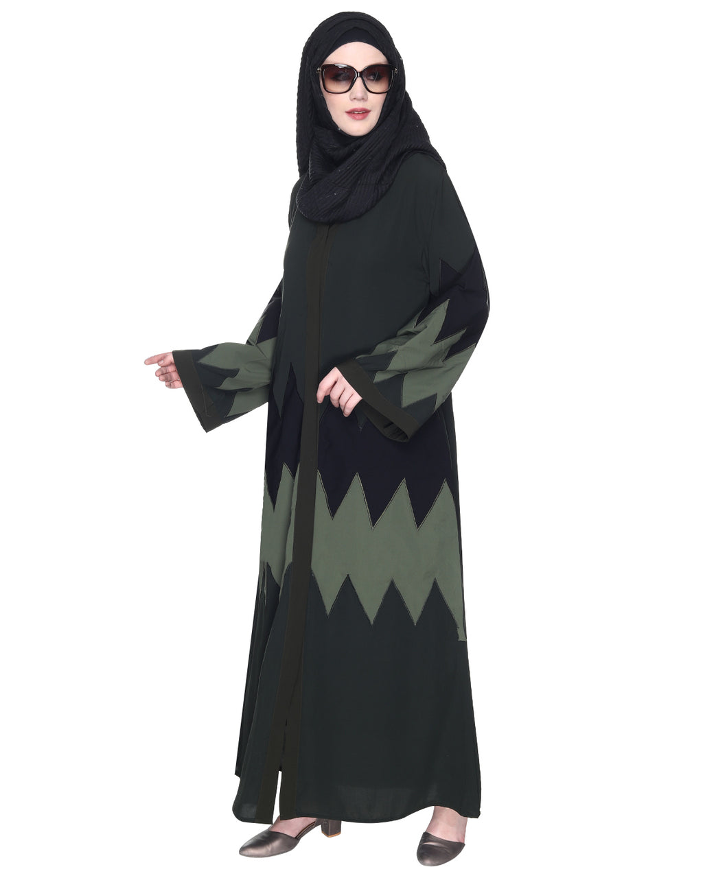 Zig Zag Style Olive Green Abaya With Shaded Embroidered Panels OLIVE GREEN