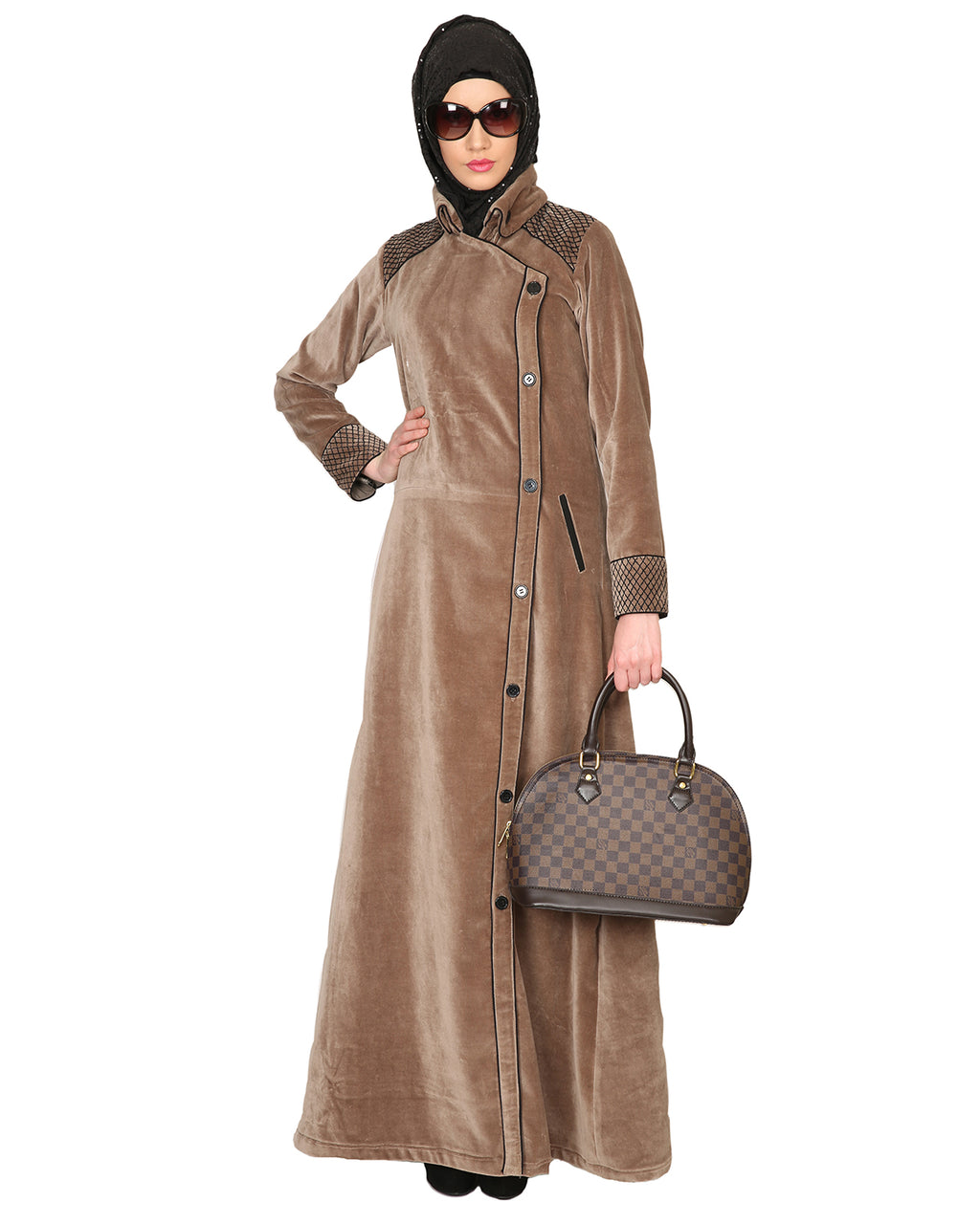 Oak-colored Velvet Coat-style Abaya Beige