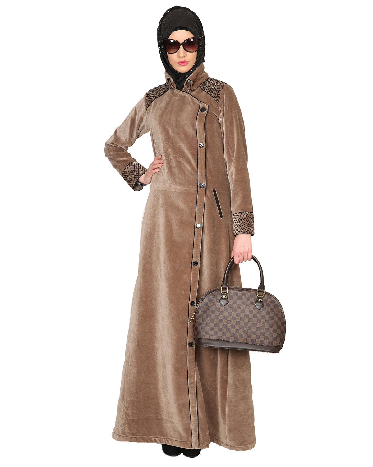 Oak-colored Velvet Coat-style Abaya Beige