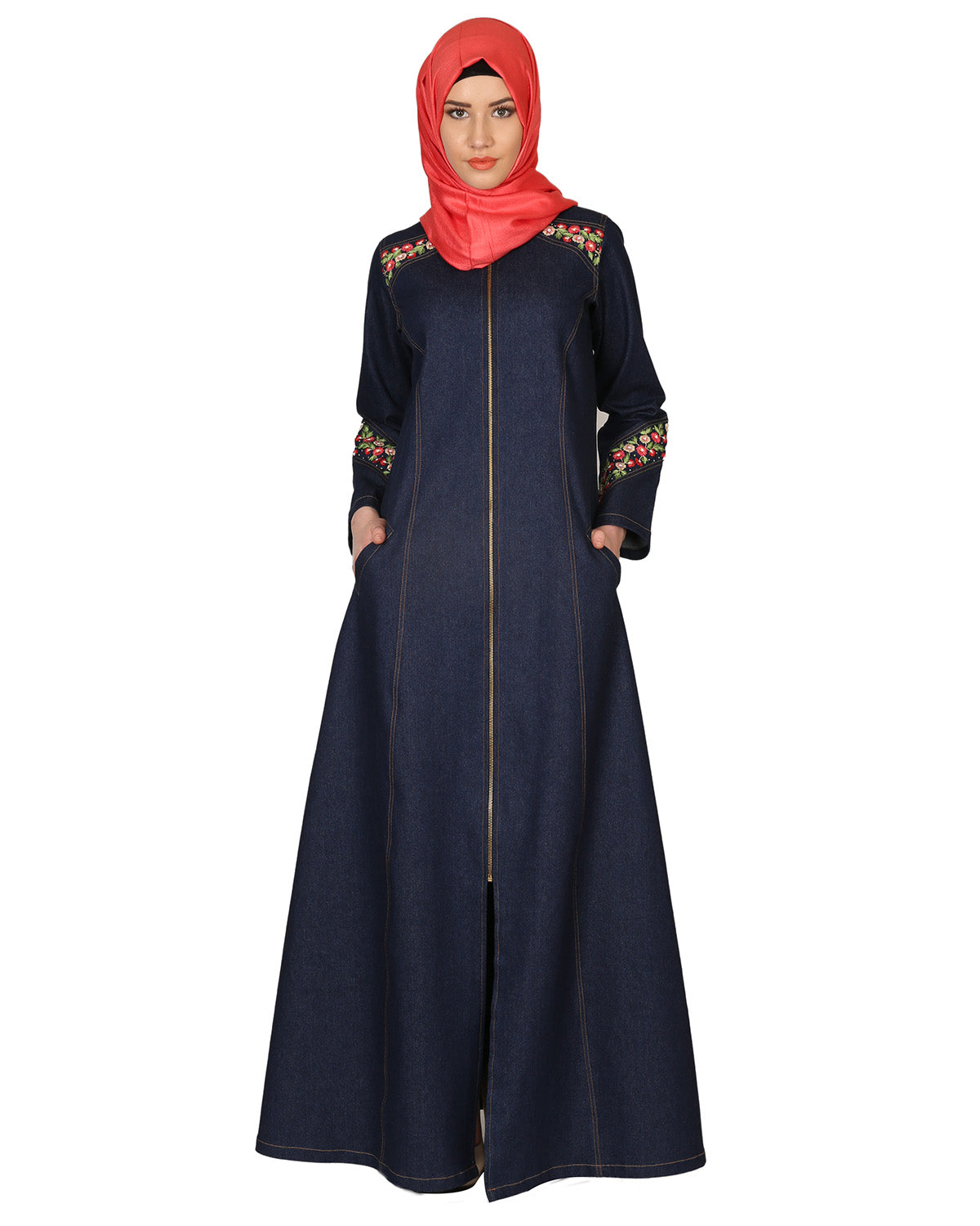 Denim Coat-abaya with pretty hand-embroidery Blue