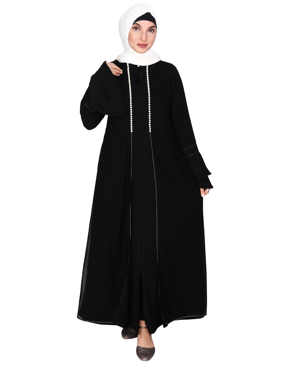 Abaya with Georgette Panel Lined with Pearls Black