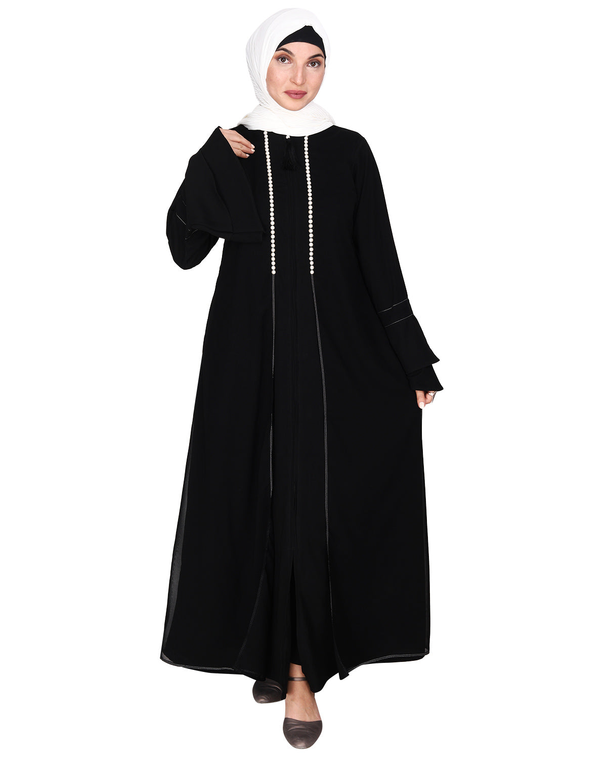 Abaya with Georgette Panel Lined with Pearls Black