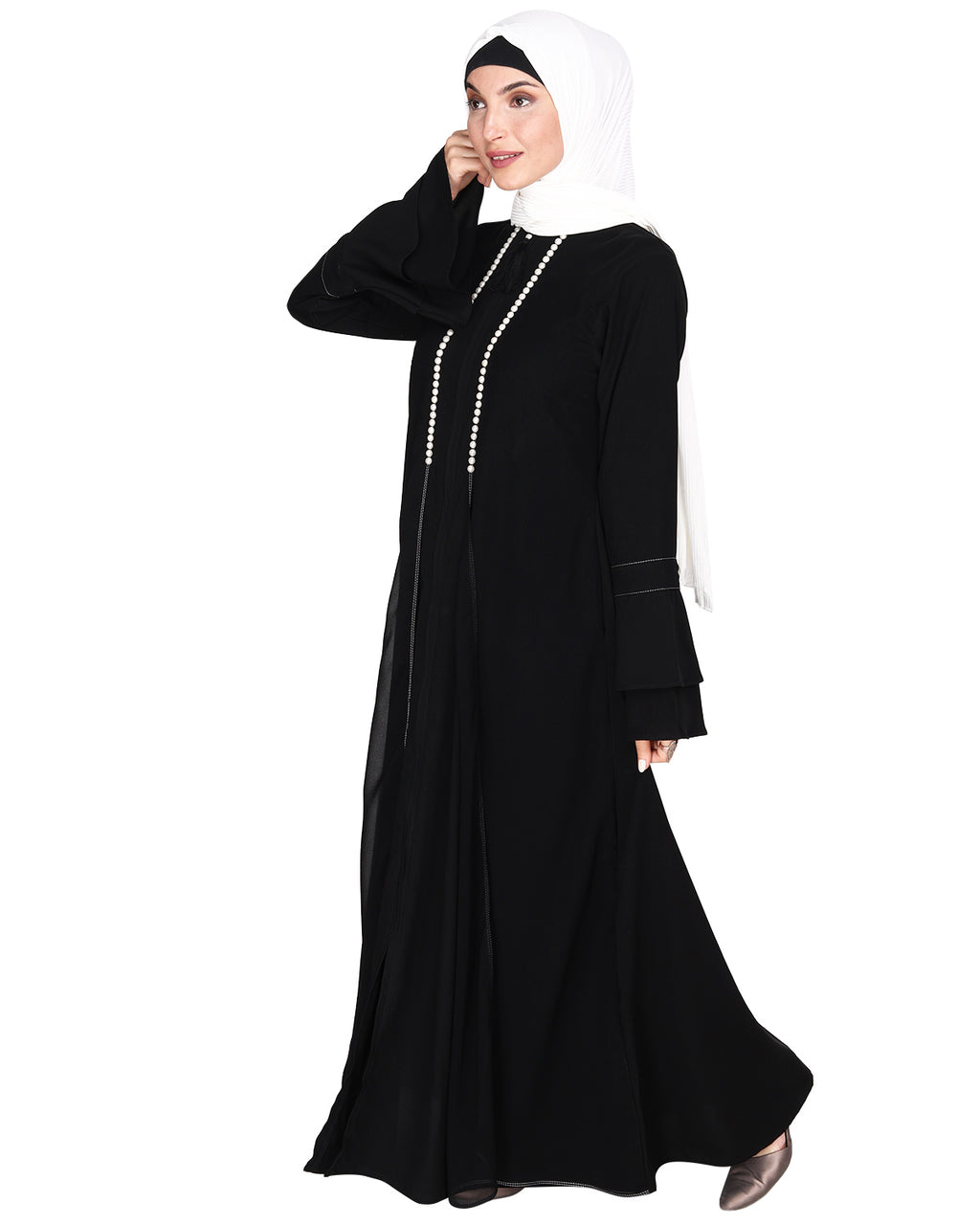 Abaya with Georgette Panel Lined with Pearls Black
