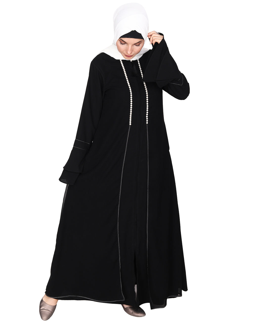 Abaya with Georgette Panel Lined with Pearls Black