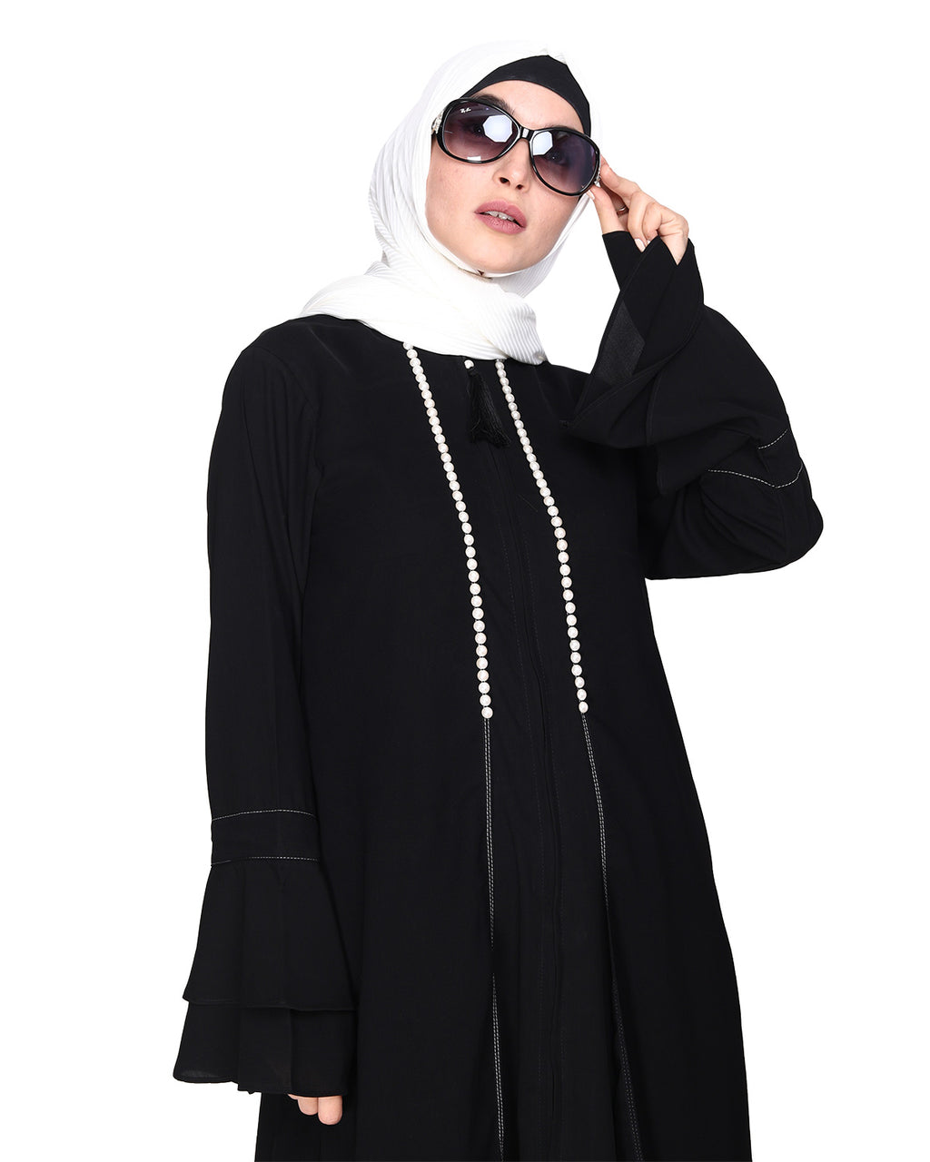 Abaya with Georgette Panel Lined with Pearls Black
