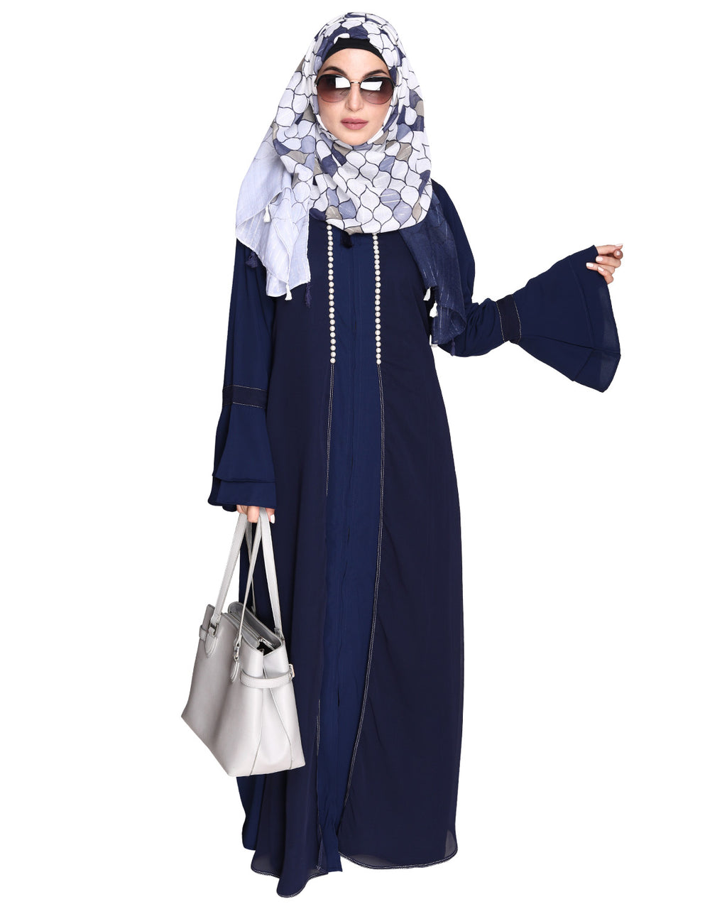 Abaya with Georgette Panel Lined with Pearls Blue