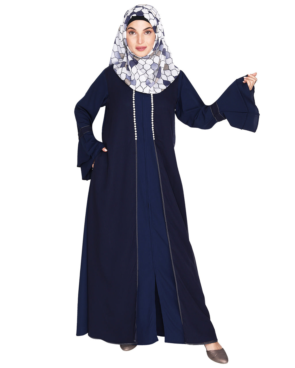 Abaya with Georgette Panel Lined with Pearls Blue