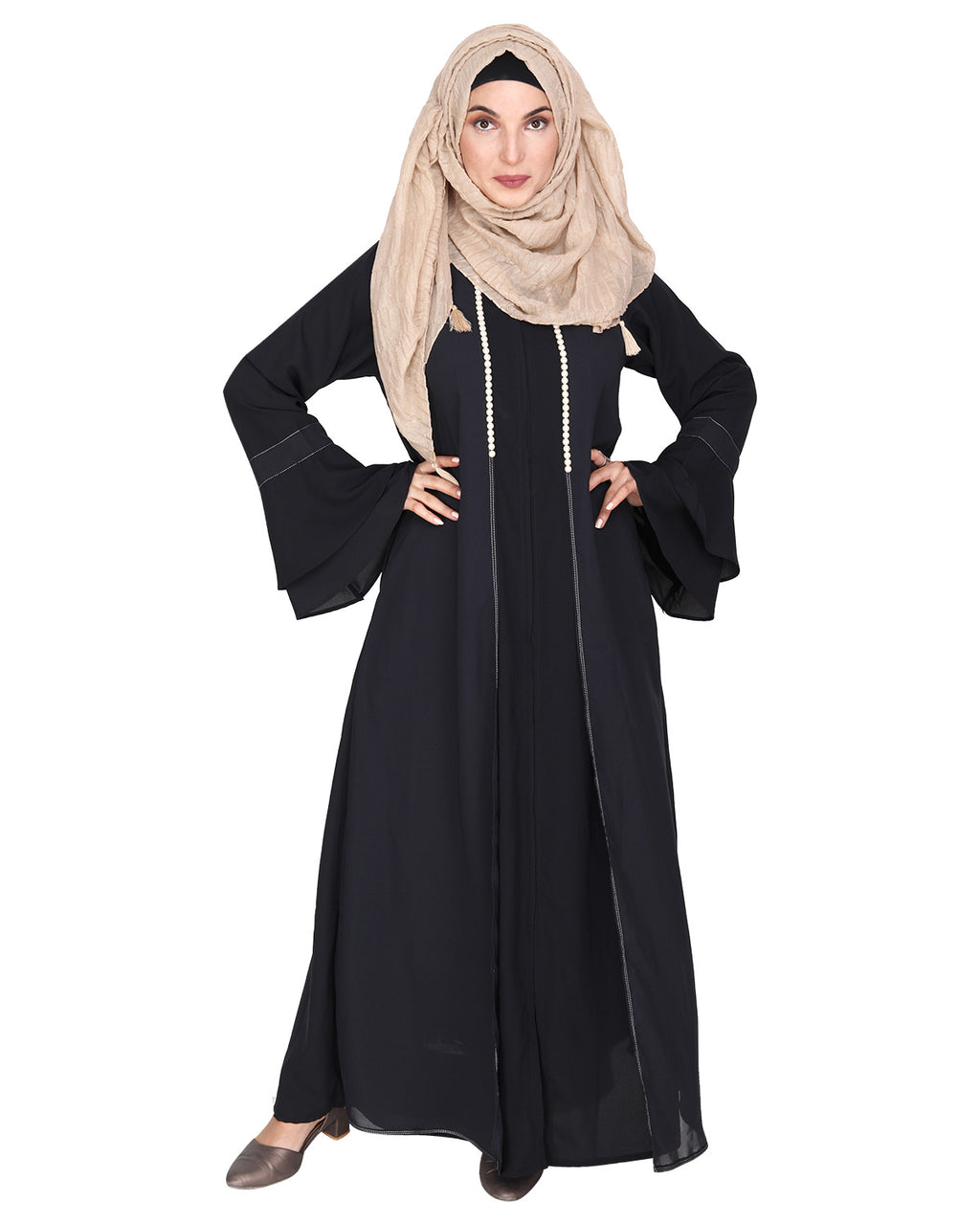 Abaya with Georgette Panel Lined with Pearls Dark Grey