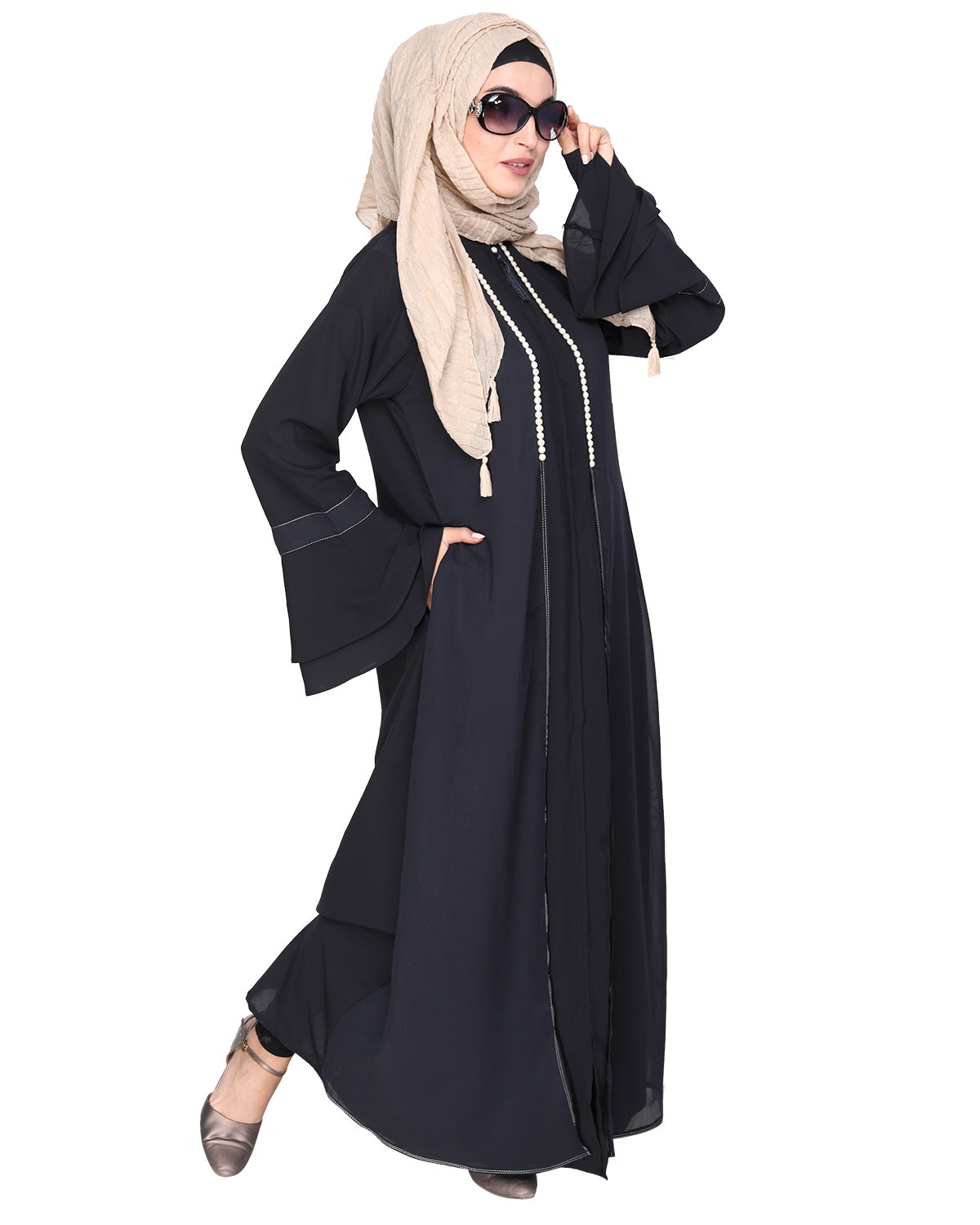 Abaya with Georgette Panel Lined with Pearls Dark Grey