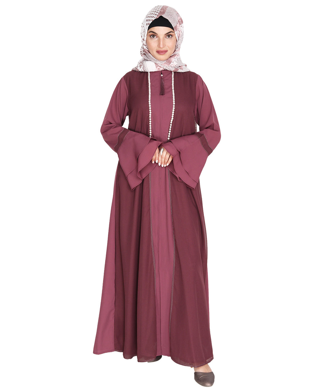 Abaya with Georgette Panel Lined with Pearls Dark Onion Pink