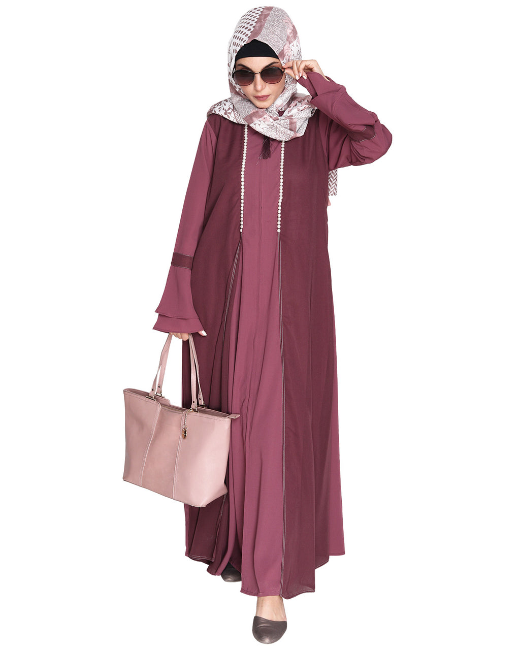Abaya with Georgette Panel Lined with Pearls Dark Onion Pink