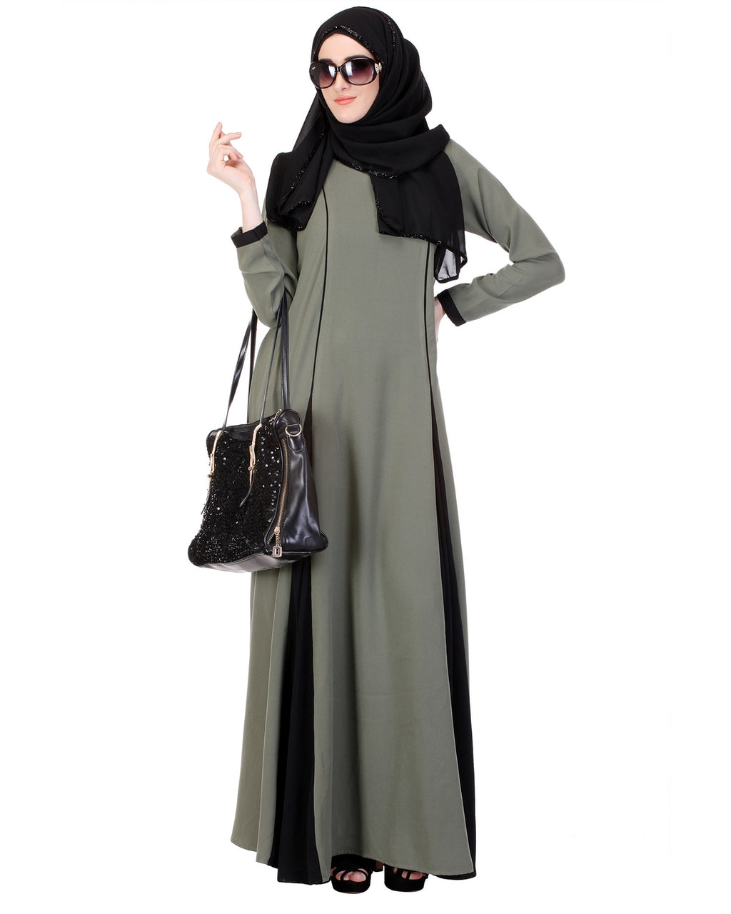 Inverted Pleat Frock Abaya Green & Black