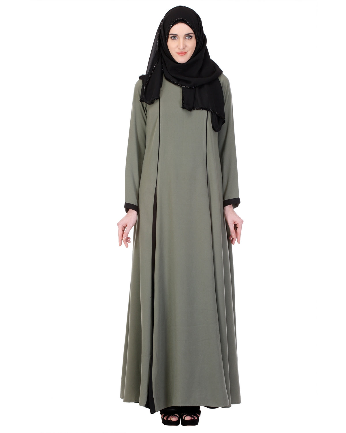 Inverted Pleat Frock Abaya Green & Black